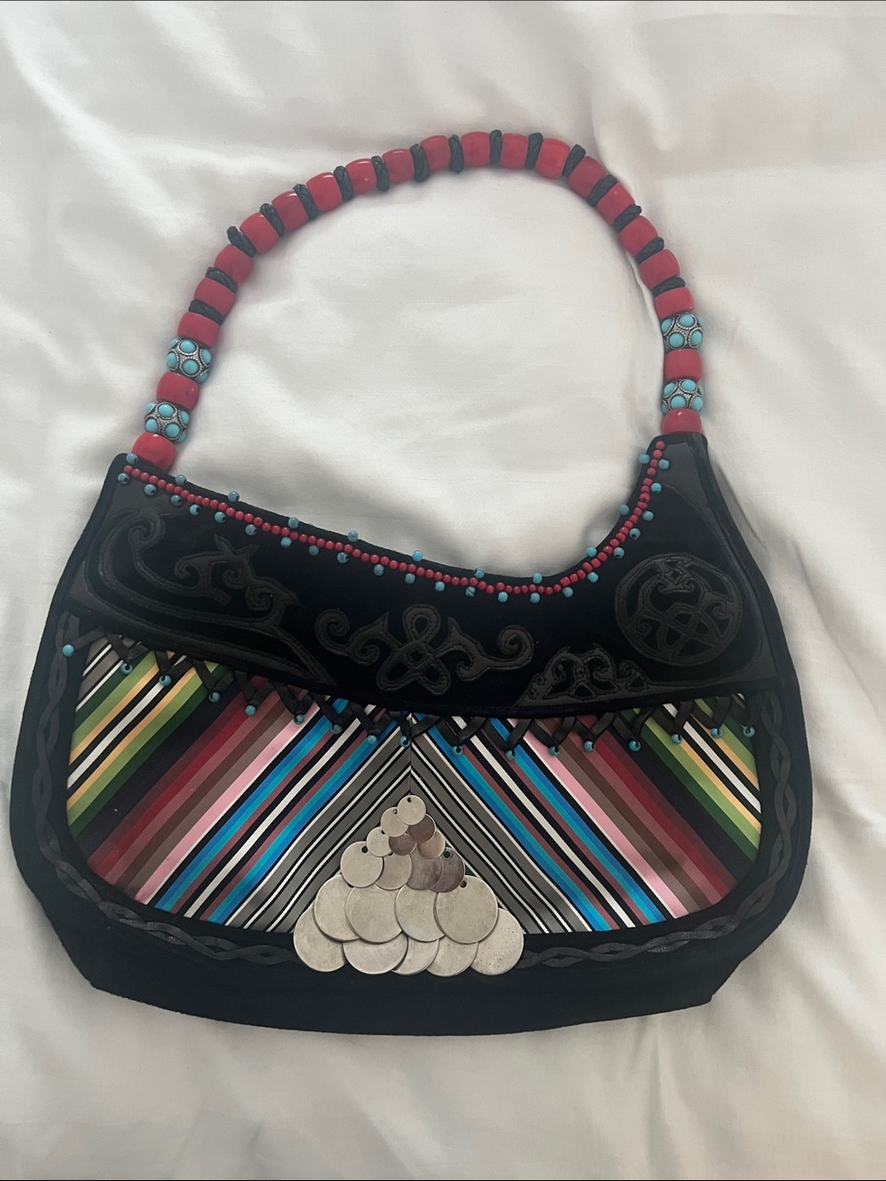 Shanghai Tang Vintage Beaded Black Suede Shoulder Bag